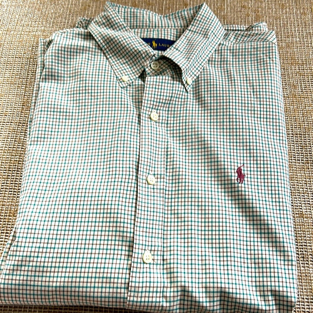 Ralph Lauren green brown and cream checked polo
